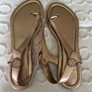 Tory Burch Gold Sandals with Ankle Strap and Logo